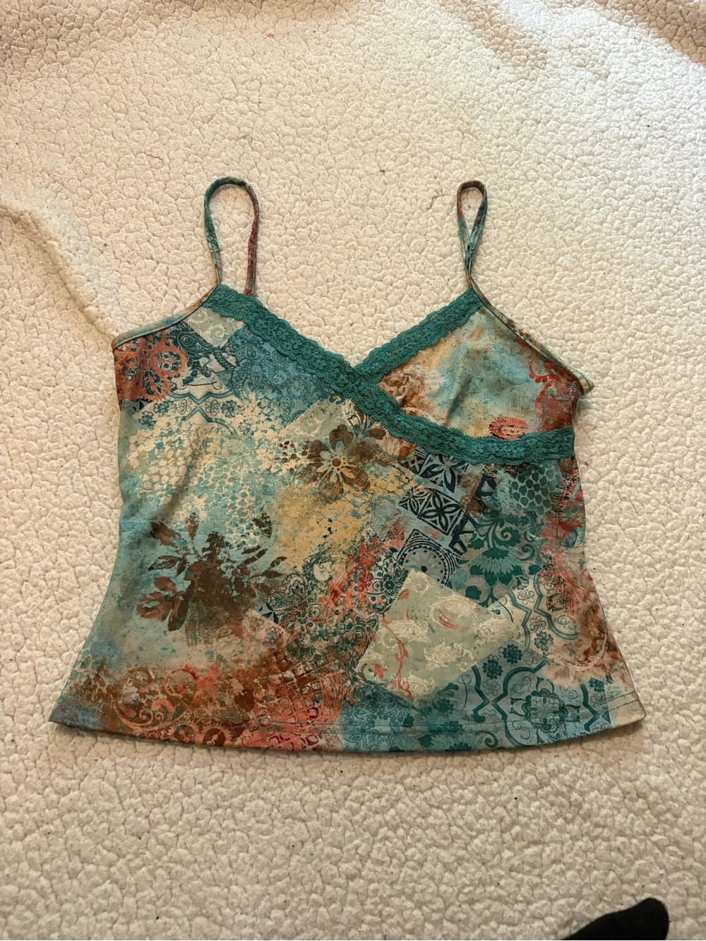 SHEIN Teal Multiprint Lace-Trim Cami